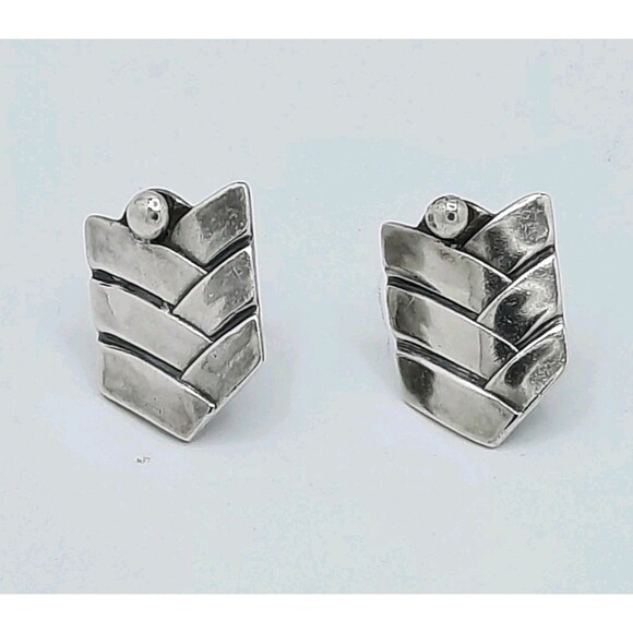 RARE Vtg Early Taxco Mexico Los Castillos #480 Chevron Sterling Silver Earrings - Picture 3 of 8